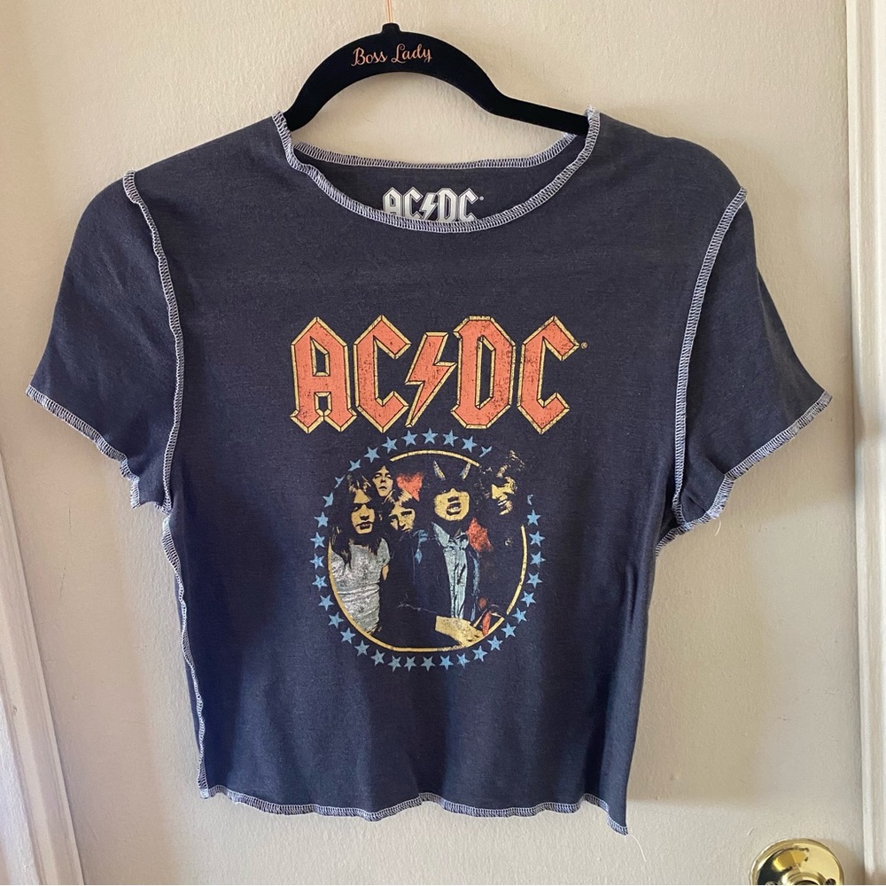 AC/DC Charcoal Grey Babydoll Highway to Hell Graphic T-shirt w White Threading